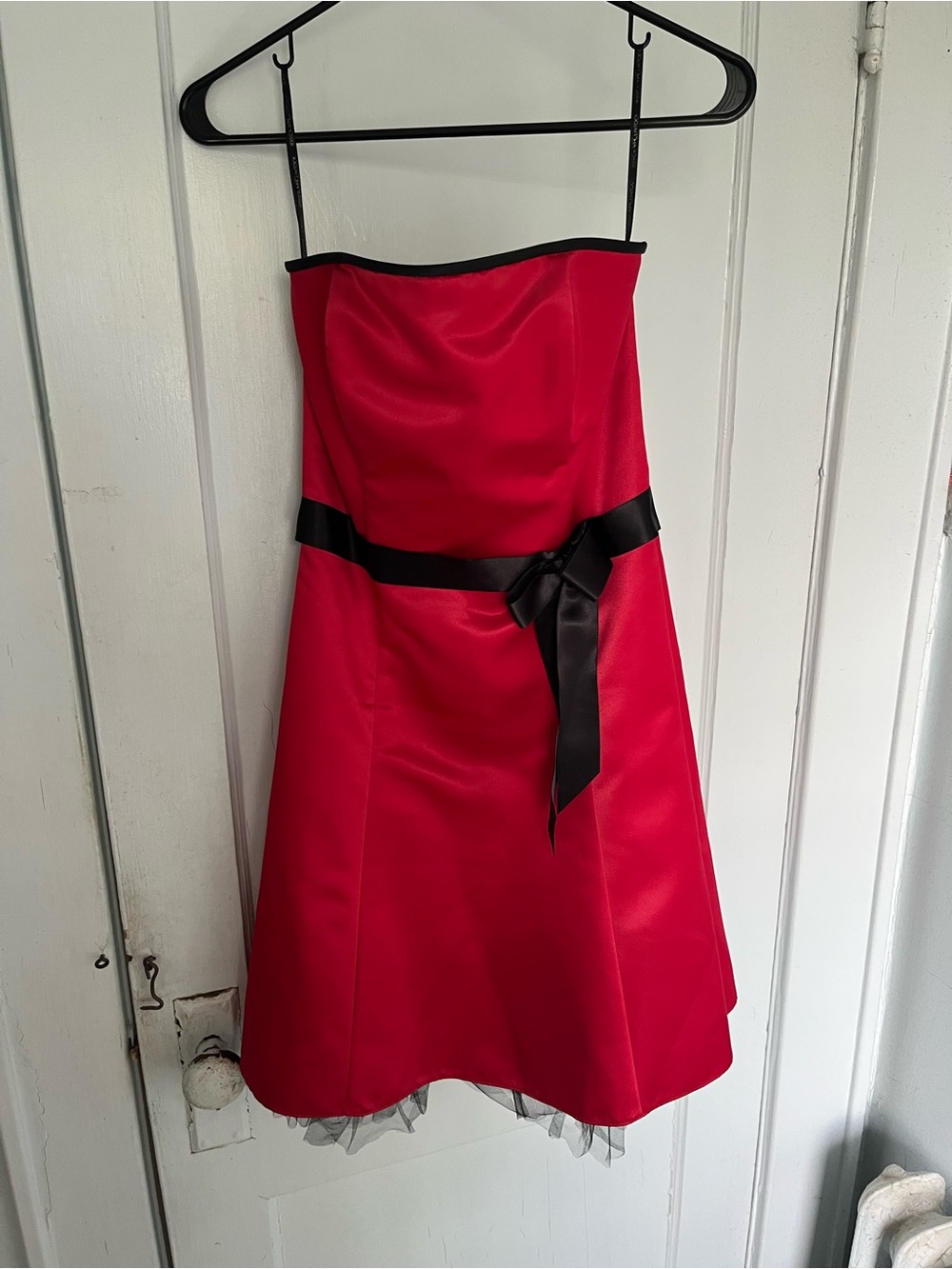 Jessica McClintock Strapless Red Dress with Black Ribbon